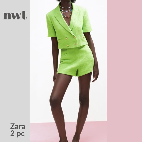 2pc SET: ZARA CROPPED BLAZER + SHORTS | NWT Lime Green Textured S, M - Picture 1 of 10
